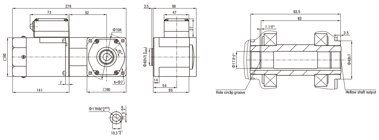 120W Induction AC Motor/Gear Motor 90mm drawing