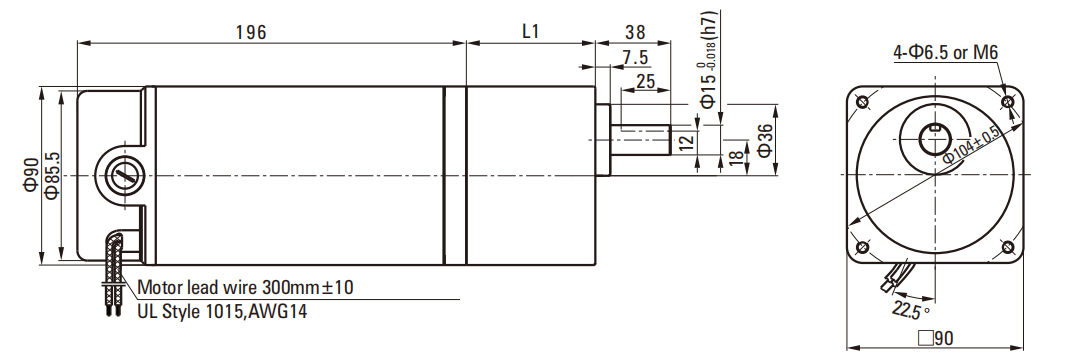 250W Brush DC Gear Motor 90mm drawing
