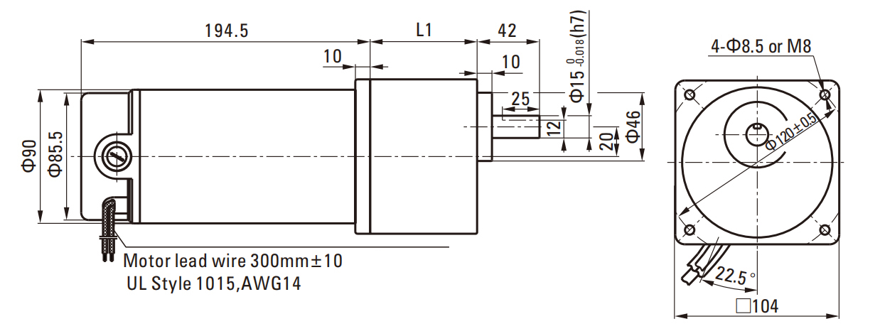 250W Brush DC Gear Motor 104mm drawing