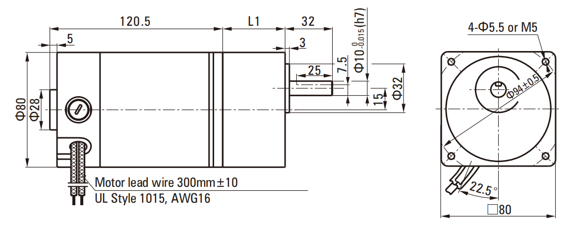 25W Brush DC Gear Motor 80mm drawing