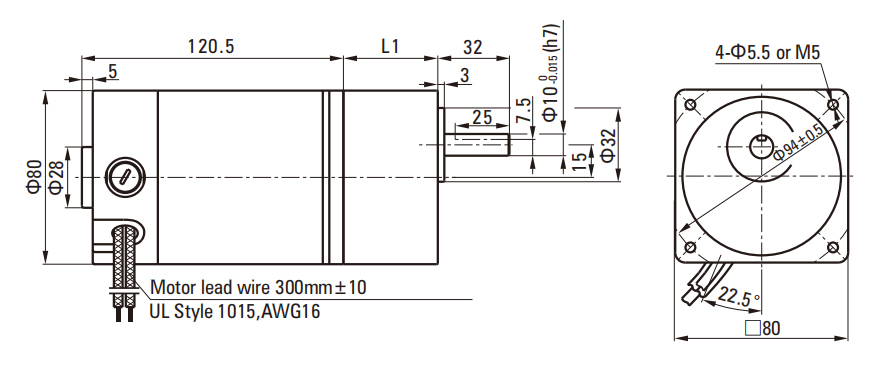 40W Brush DC Gear Motor 80mm drawing