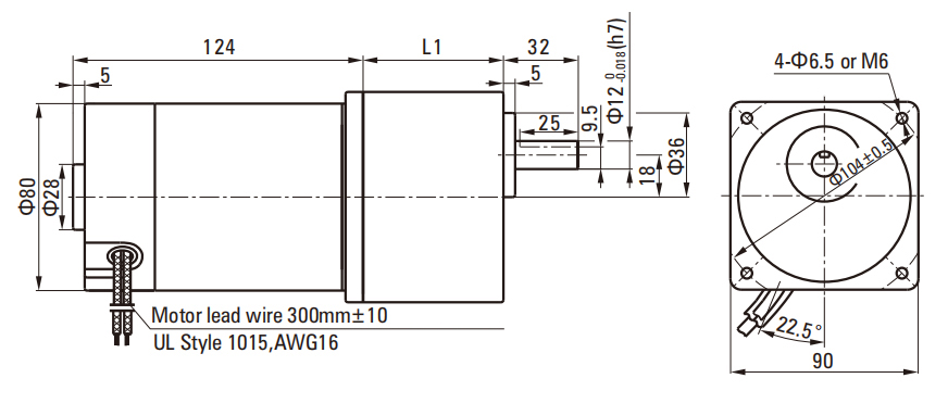 40W Brush DC Gear Motor 90mm drawing