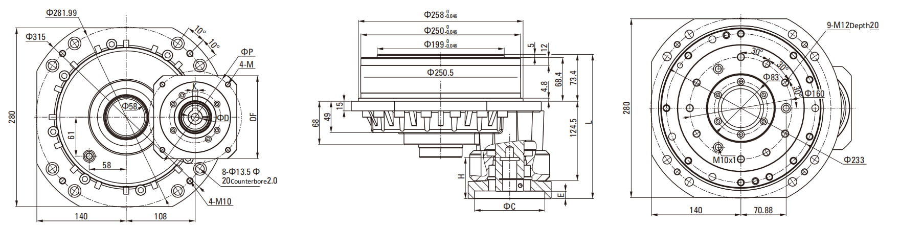 RCA(With Flange) Series RV Cycloidal Pin Wheel Reducer drawing