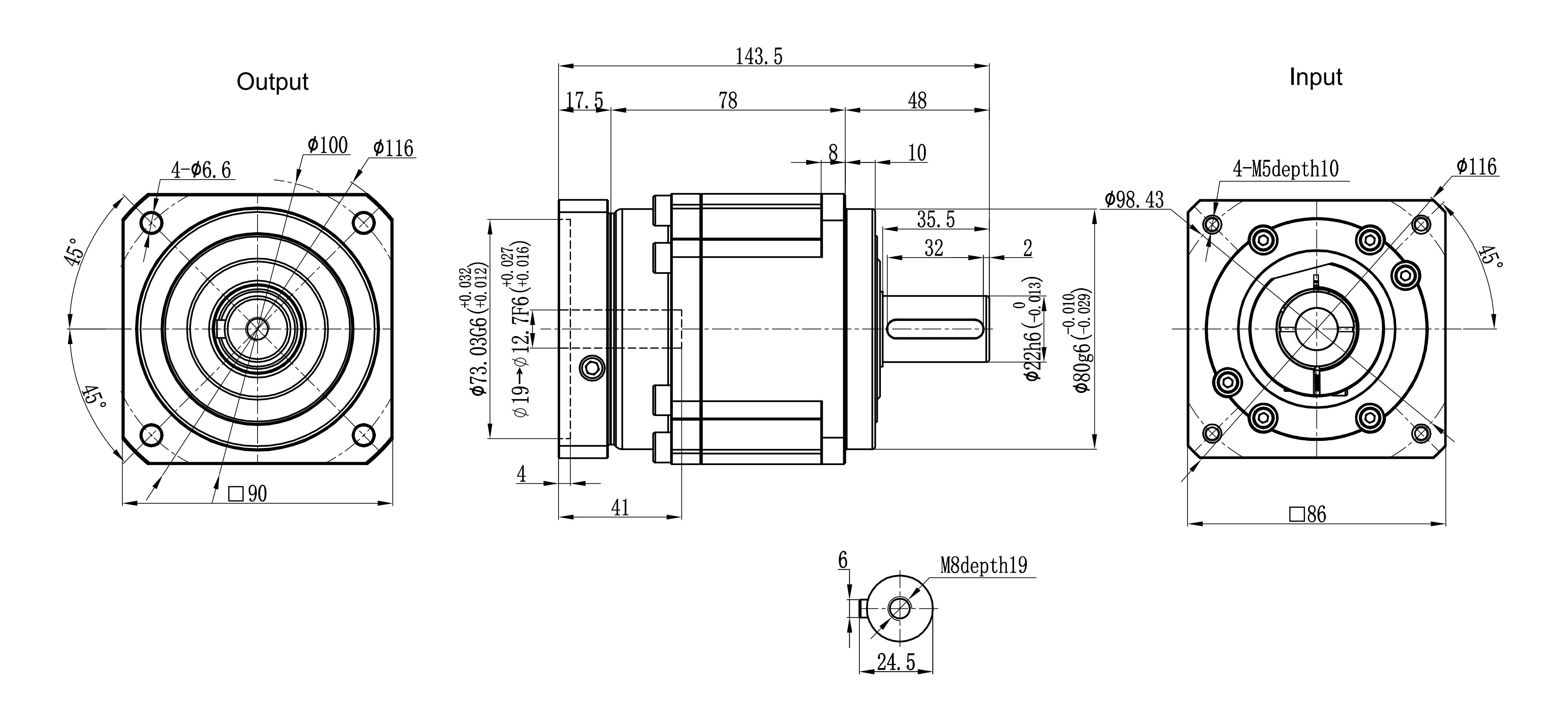 090SB stepper motor assembly dimensional drawing