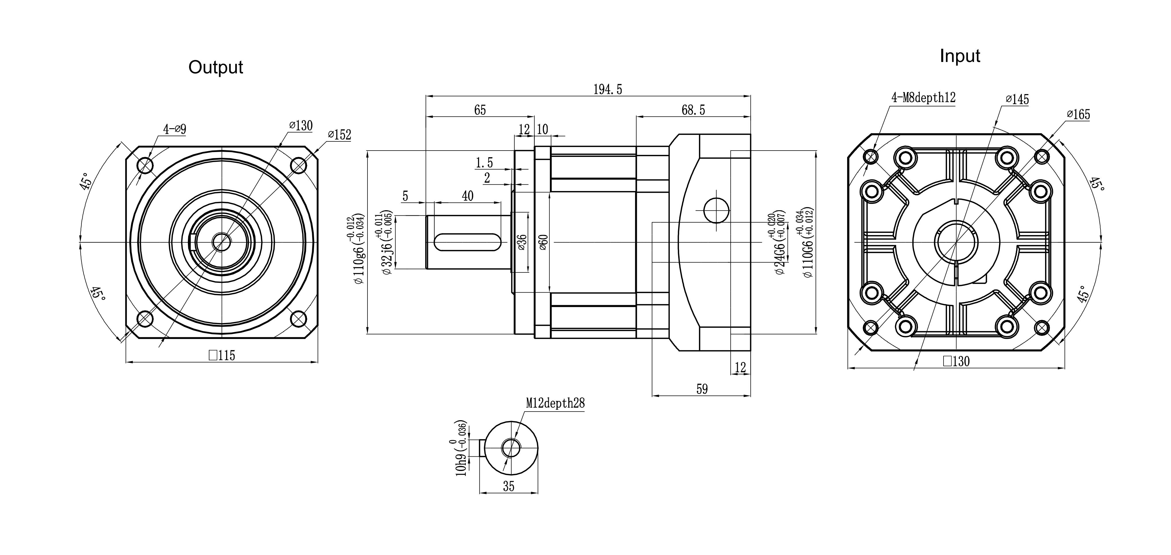 115SB servo motor assembly dimensional drawing