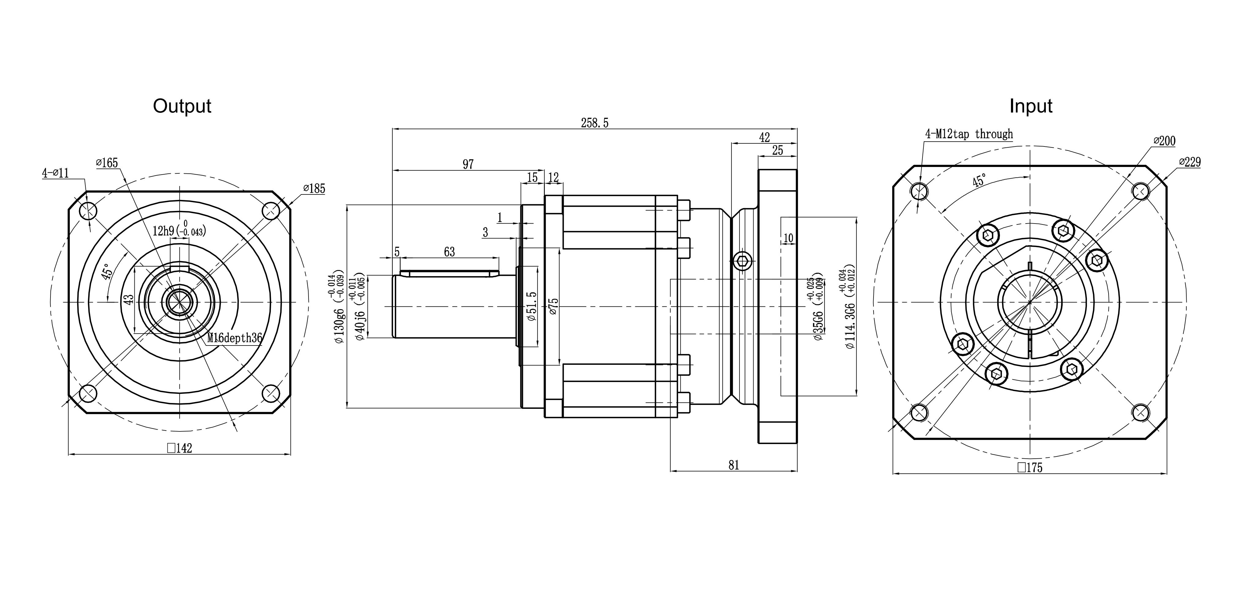 142SB servo motor assembly dimensional drawing