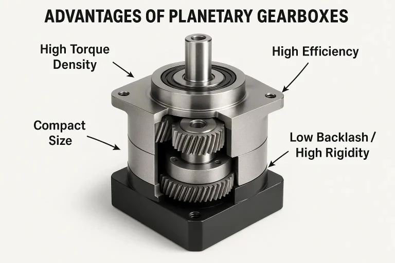 Cutaway of a two-stage planetary gearbox annotated with its four key advantages: high torque density, high efficiency, compact size, and low backlash with high rigidity