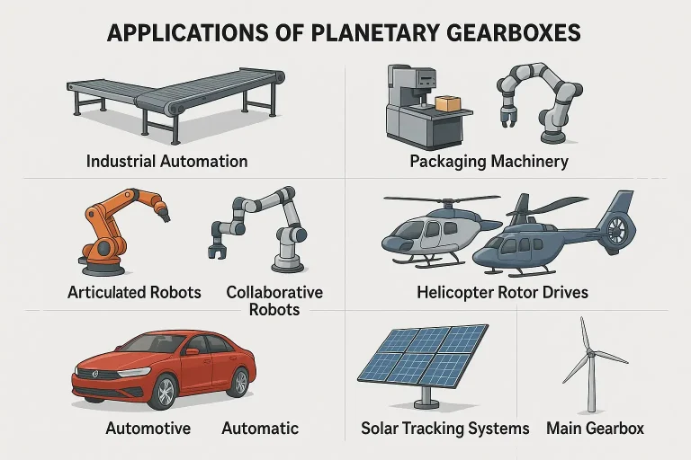 Eight planetary gearbox applications: industrial automation conveyors, packaging machinery, articulated robots, collaborative robots, helicopter rotor drives, automotive transmissions, solar tracking systems, and wind turbine gearboxes