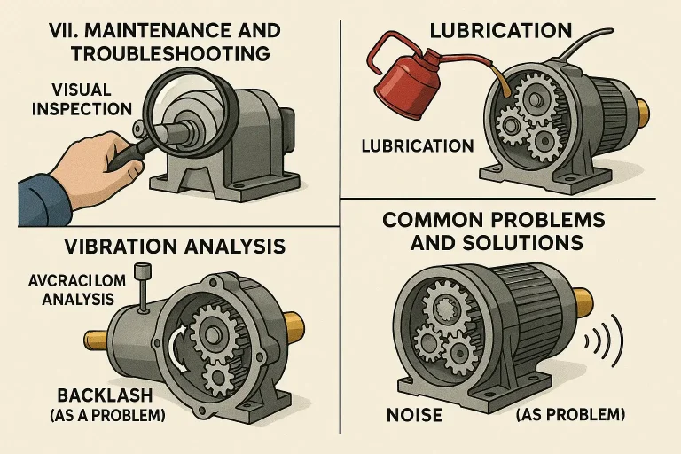 Four planetary gearbox maintenance activities: visual inspection, lubrication, vibration analysis, and diagnosing common problems including backlash and noise