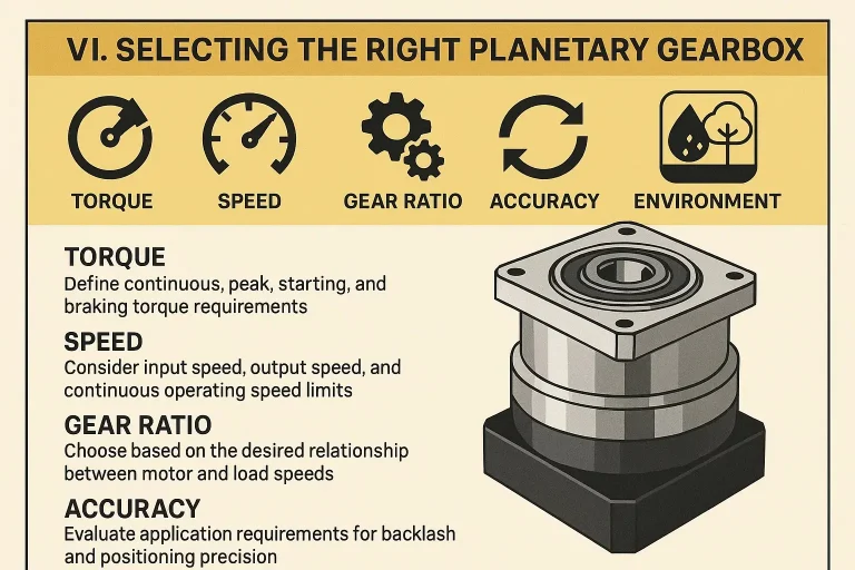 Planetary gearbox selection chart showing the five primary factors: torque, speed, gear ratio, accuracy, and environment