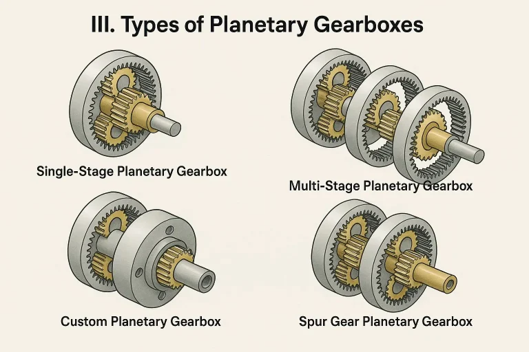 Four planetary gearbox types compared: single-stage, multi-stage, custom, and spur gear planetary gearboxes