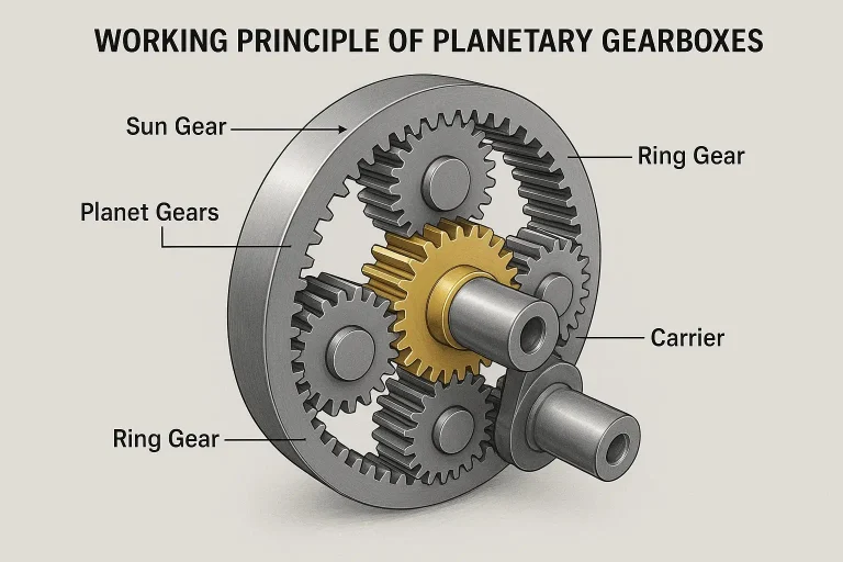 Front view diagram of a planetary gearbox showing the sun gear meshing with three planet gears inside an internally toothed ring gear, with the carrier as output